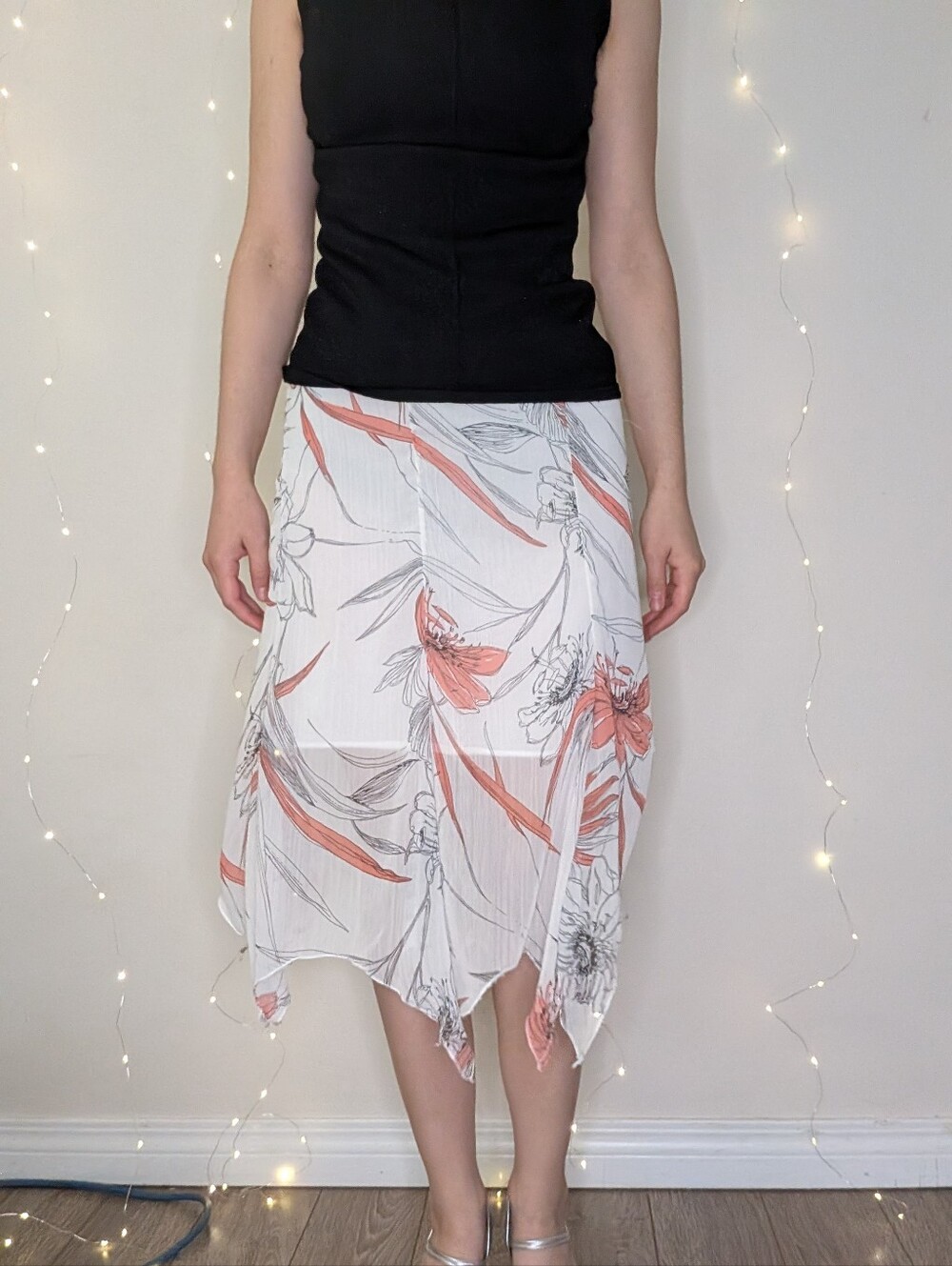 3/$20 Allure White Asymmetrical Floral Midi Skirt with Coral Accents